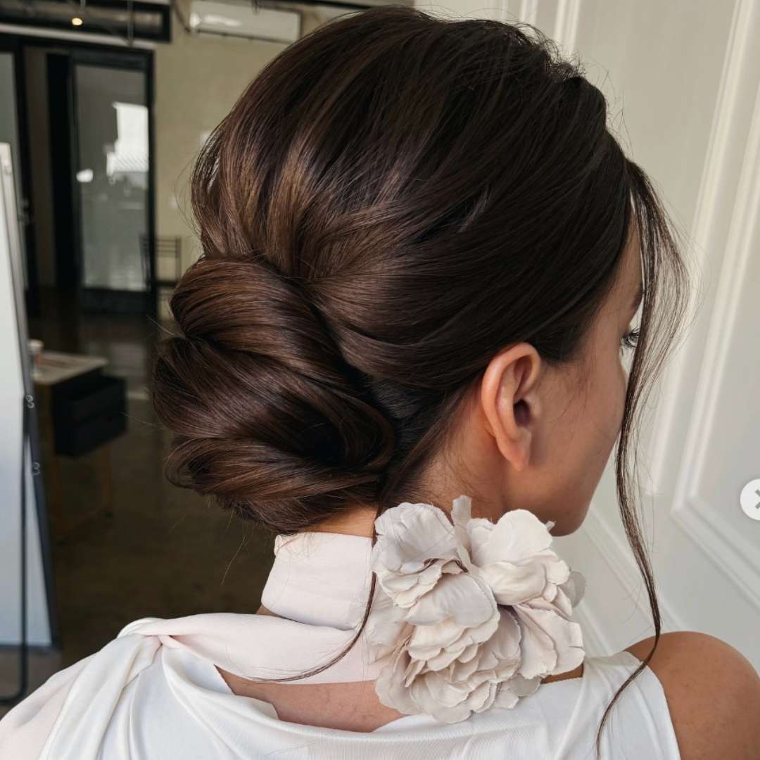 Smooth Dark Brown Chignon Updo Smooth Dark Brown Chignon Updo — Classy Bun and Bang