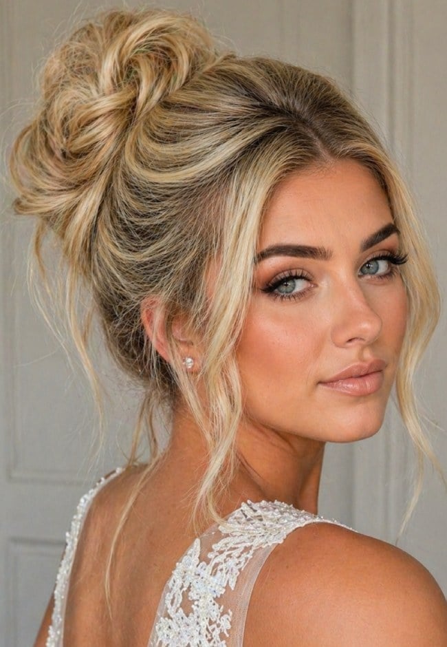 Voluminous Blonde Messy Bun With Tendrils Voluminous Blonde Messy Bun With Tendrils — Classy Bun and Bang