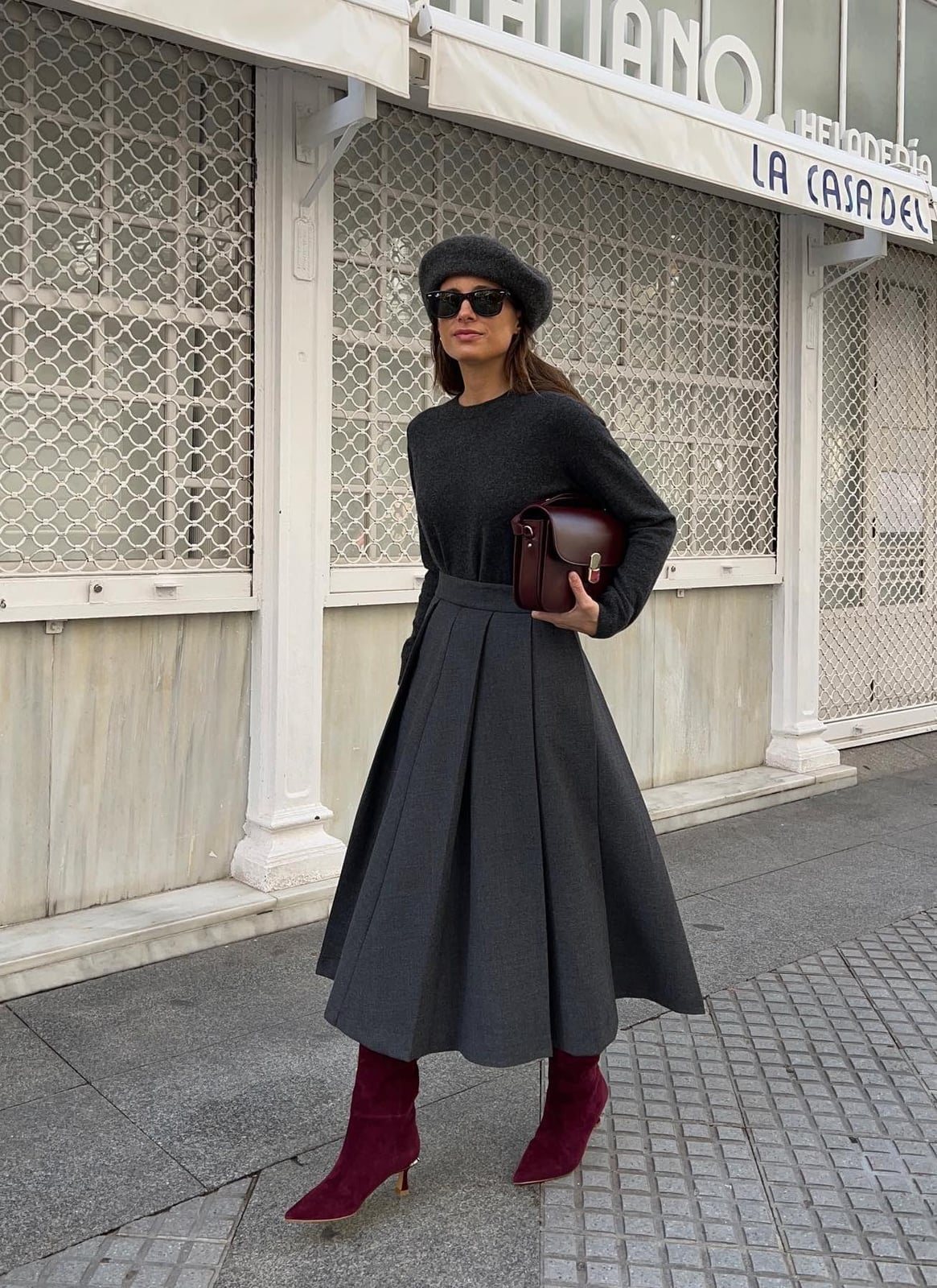 Pleated Midi Skirt and Burgundy Ankle Boots — Classy Burgundy Boots Outfit