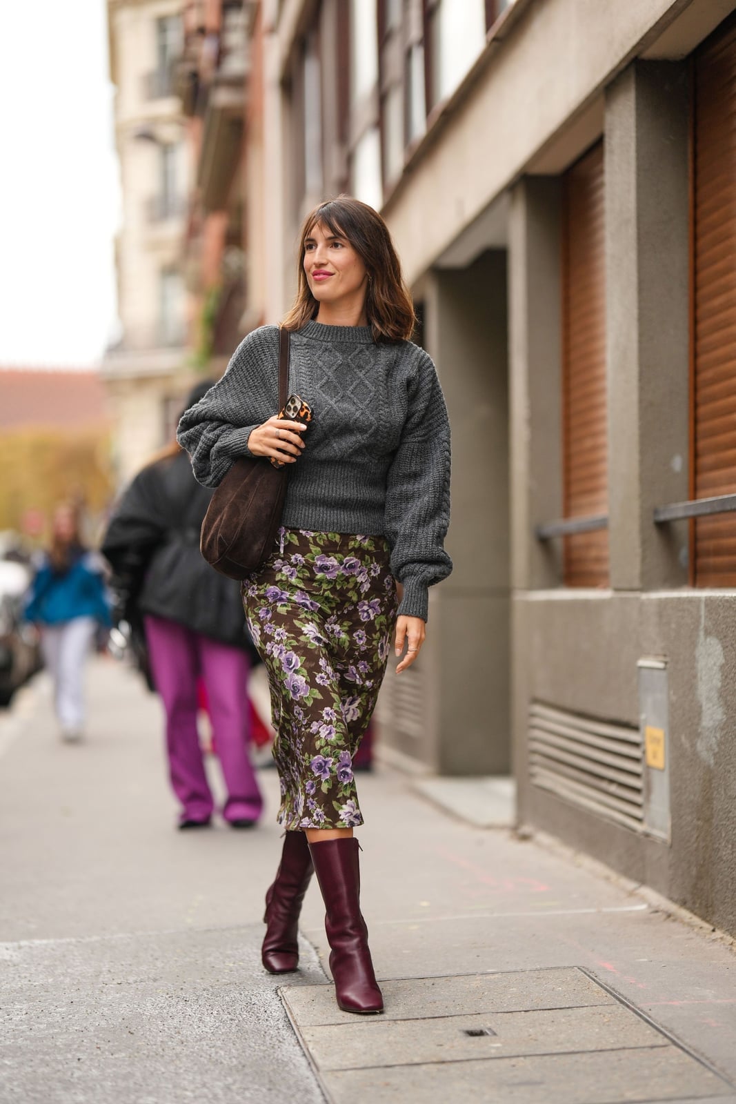 Floral Midi Skirt and Burgundy Square Toe Boots, Close-Up Take — Classy Burgundy Boots Outfit