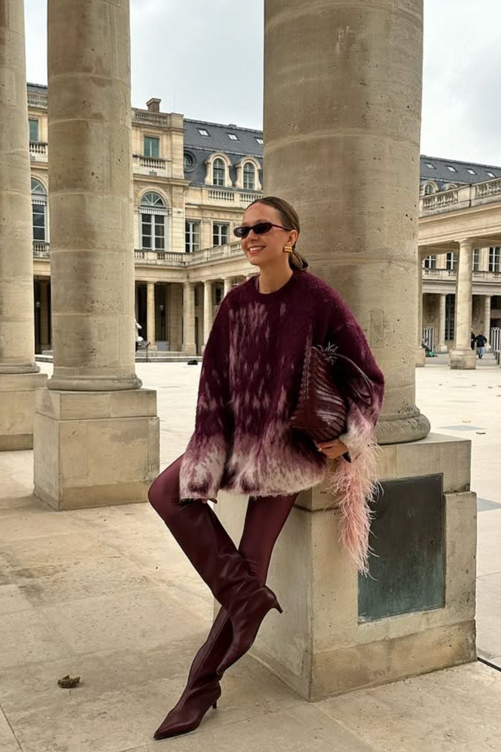 Tie-Dye Sweater and Burgundy Knee-High Boots, Close-Up Take — Classy Burgundy Boots Outfit