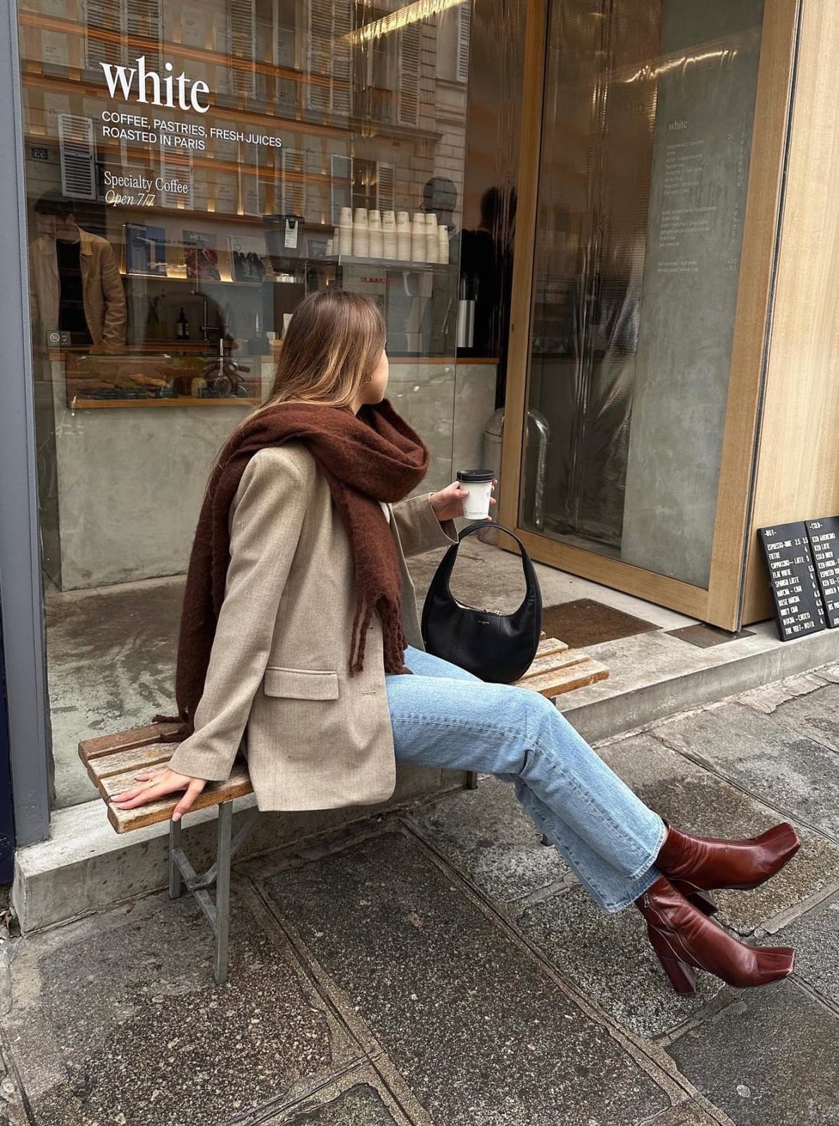 Straight Leg Jeans and Beige Oversized Blazer — Classy Burgundy Boots Outfit
