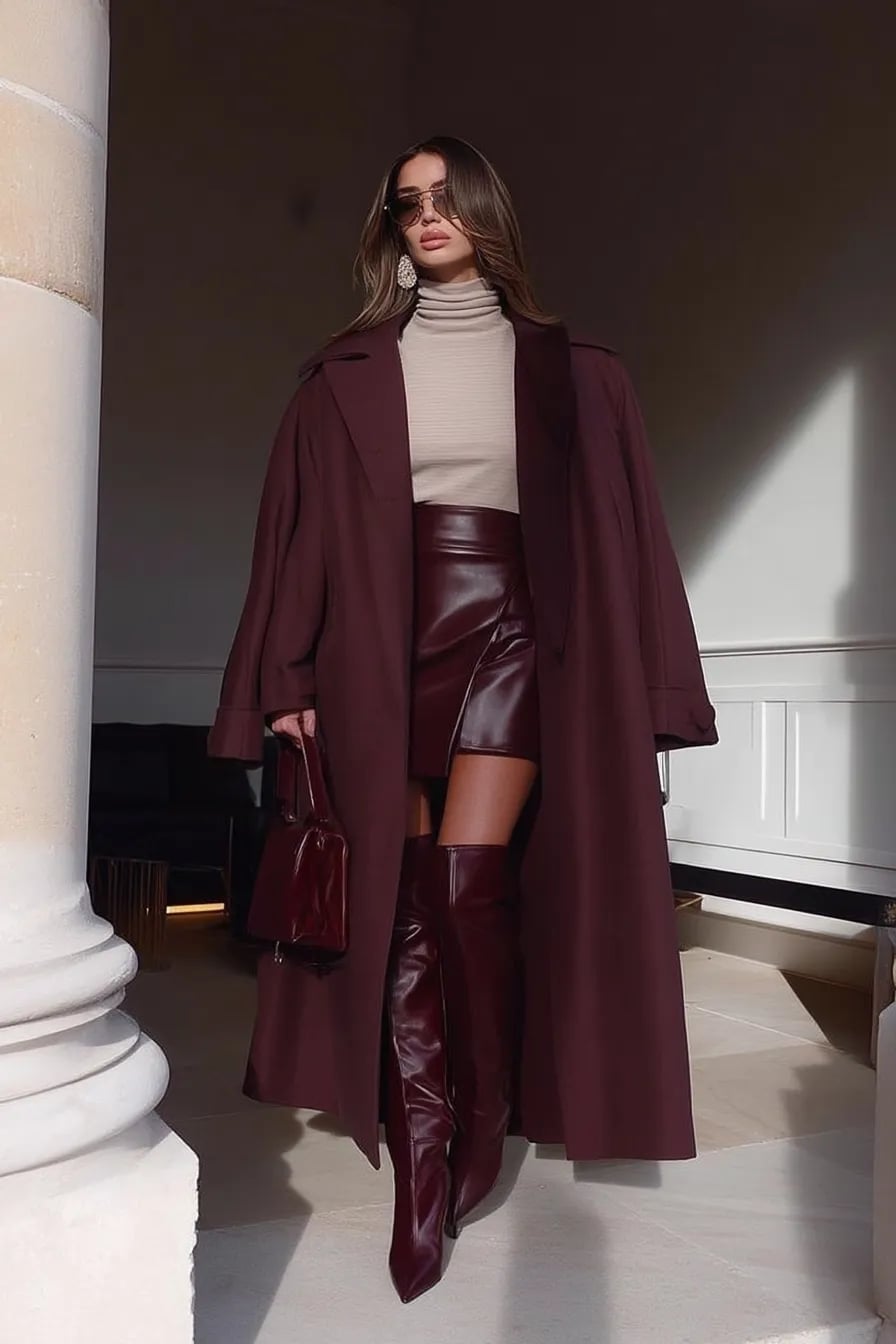 Burgundy Leather Mini Skirt and Knee-High Boots — Classy Burgundy Boots Outfit