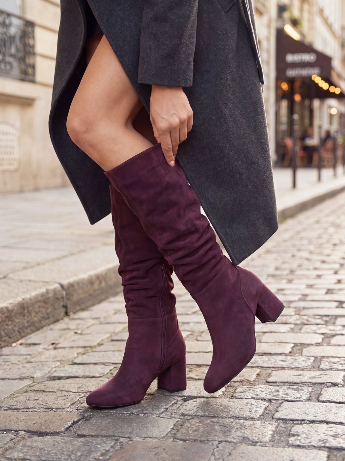 Long Wool Coat and Slouchy Burgundy Boots — Classy Burgundy Boots Outfit