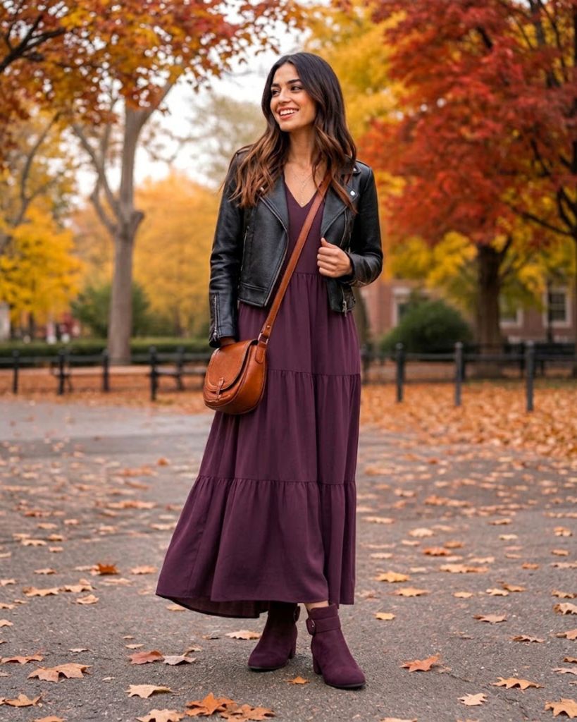 Tiered Midi Dress and Purple Ankle Boots — Classy Burgundy Boots Outfit