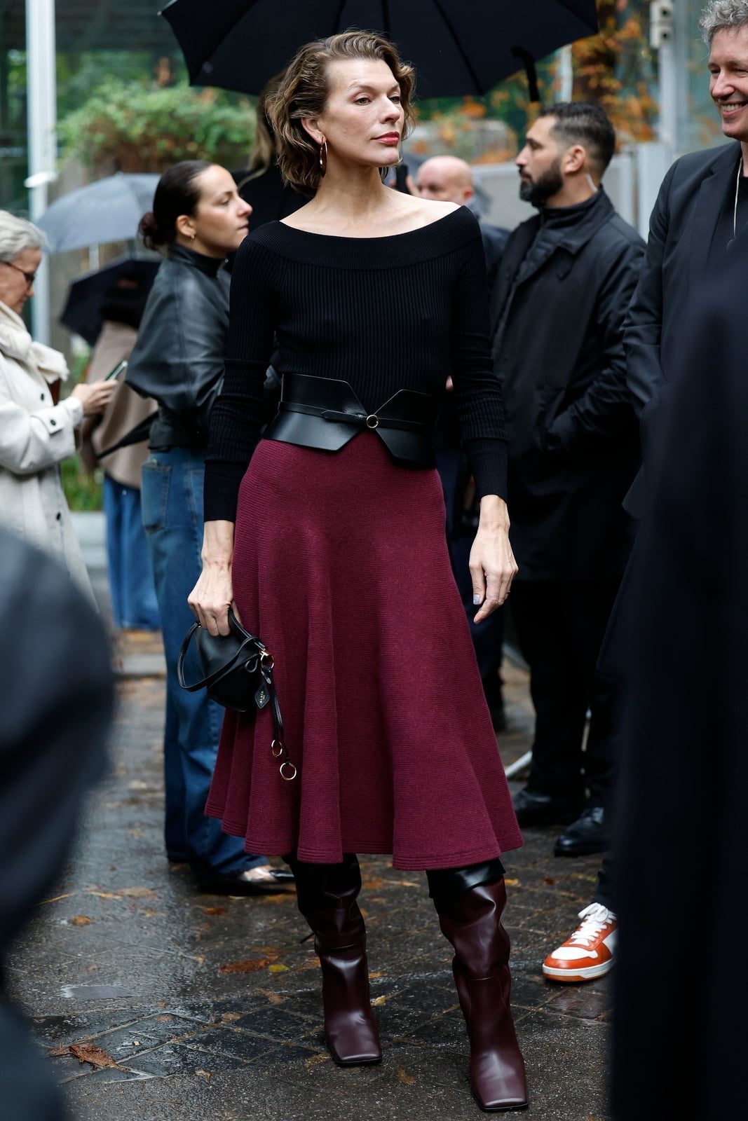 Flared Midi Skirt and Burgundy Knee-High Boots, Close-Up Take — Classy Burgundy Boots Outfit