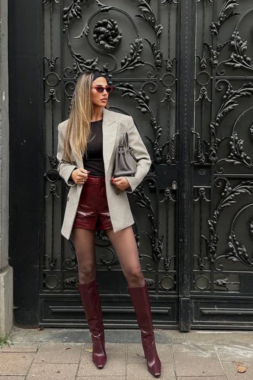 Patent Leather Shorts and Burgundy Knee-High Boots — Classy Burgundy Boots Outfit