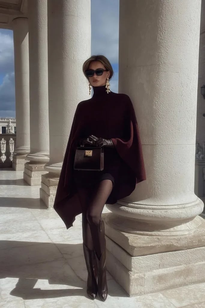 Knit Poncho and Burgundy Knee-High Boots — Classy Burgundy Boots Outfit