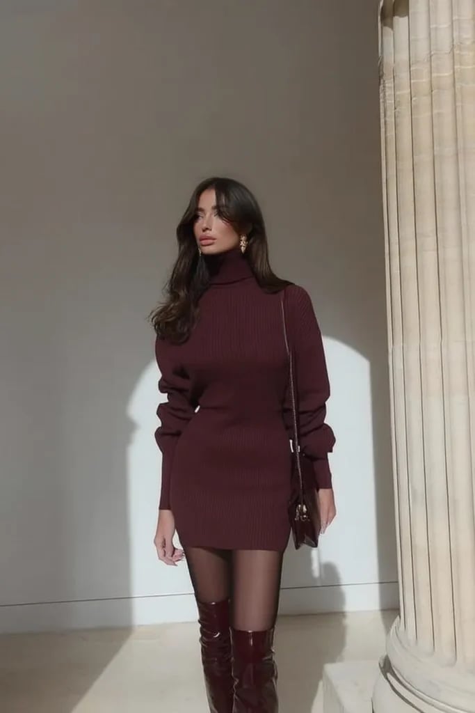 Turtleneck Mini Dress and Burgundy Knee-High Boots — Classy Burgundy Boots Outfit