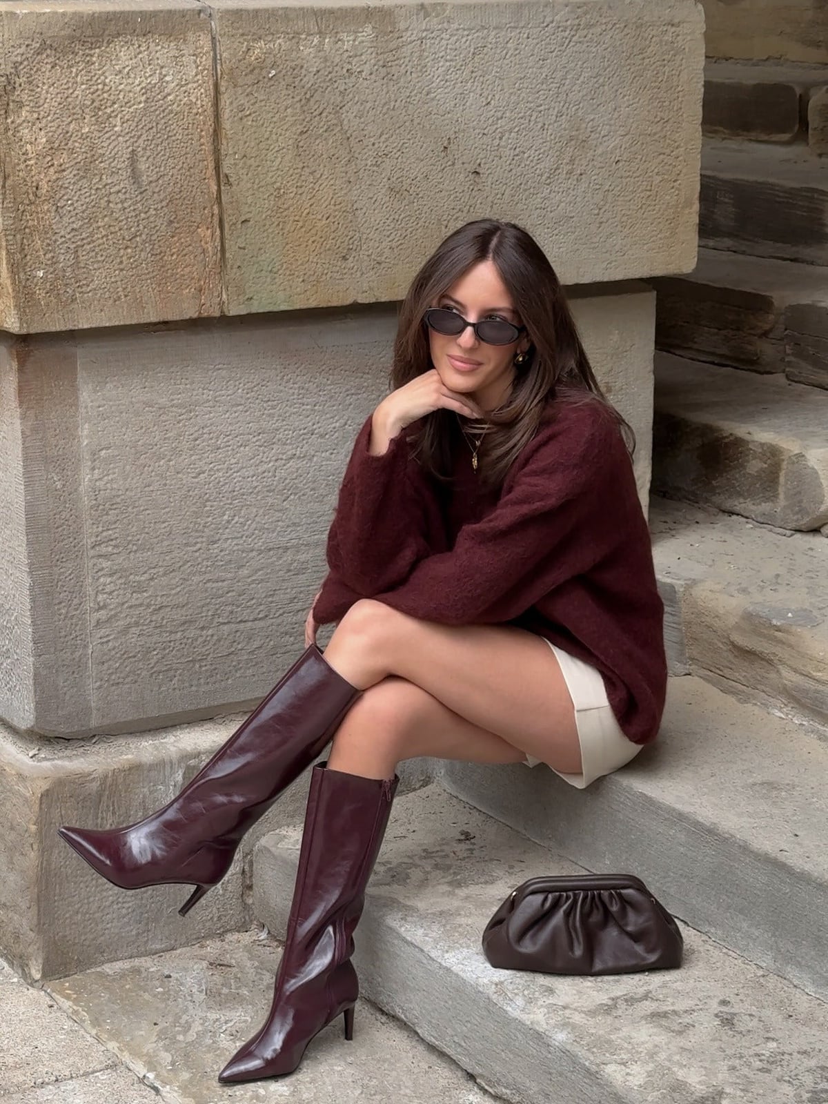 Cream Shorts and Oversized Burgundy Sweater — Classy Burgundy Boots Outfit
