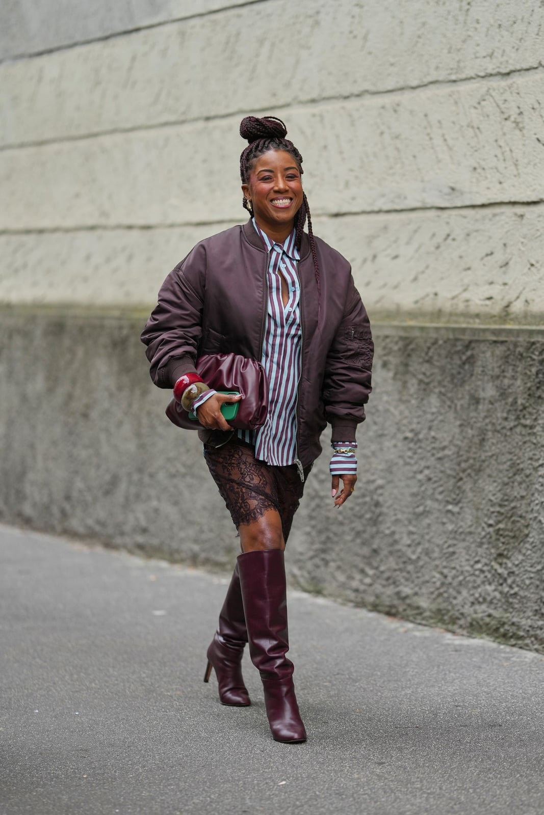 Lace Mini Dress and Burgundy Knee-High Boots, Leather — Classy Burgundy Boots Outfit