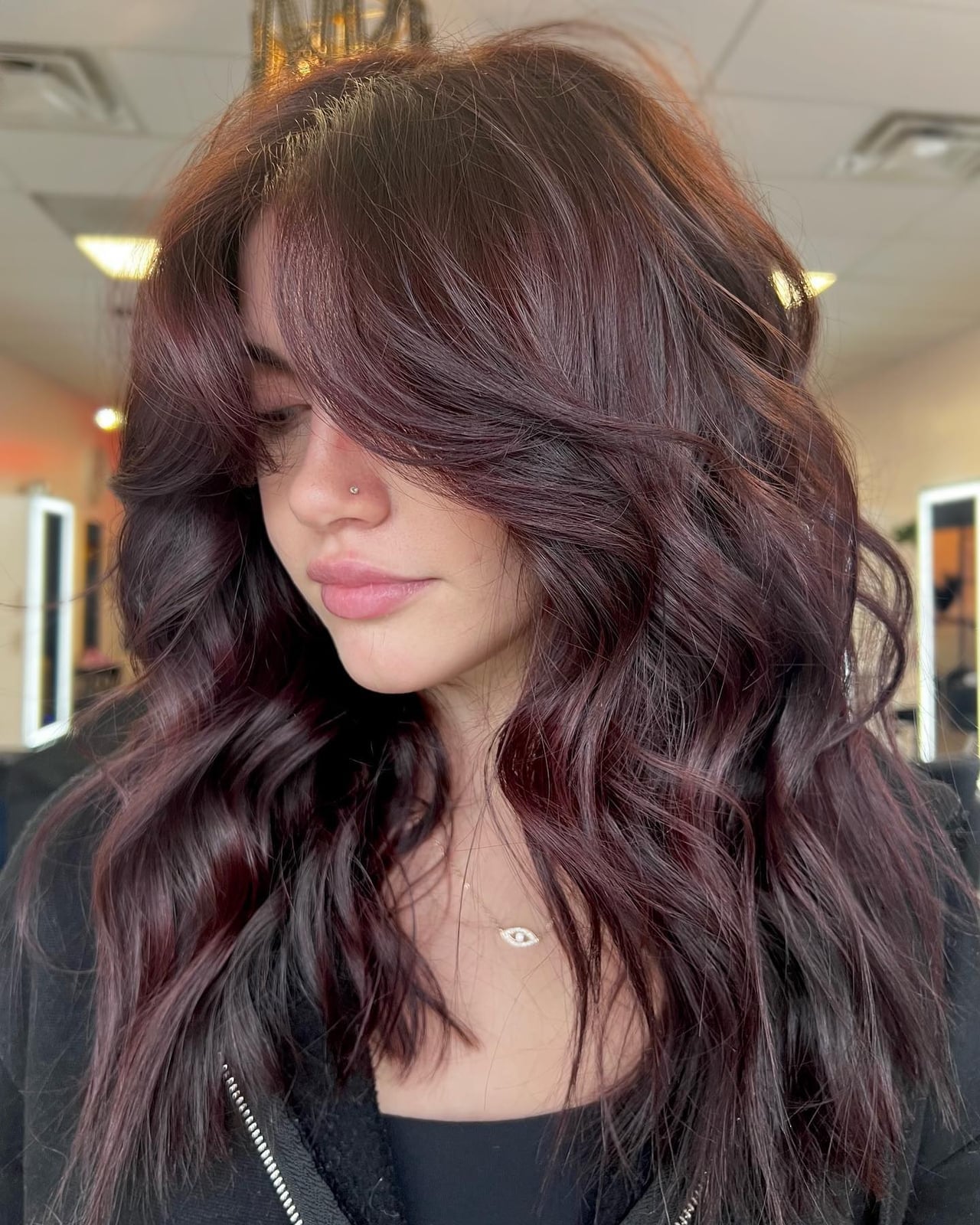 Mid-Back Long Layers Dark Burgundy With Red Highlights — Classy Burgundy Highlights