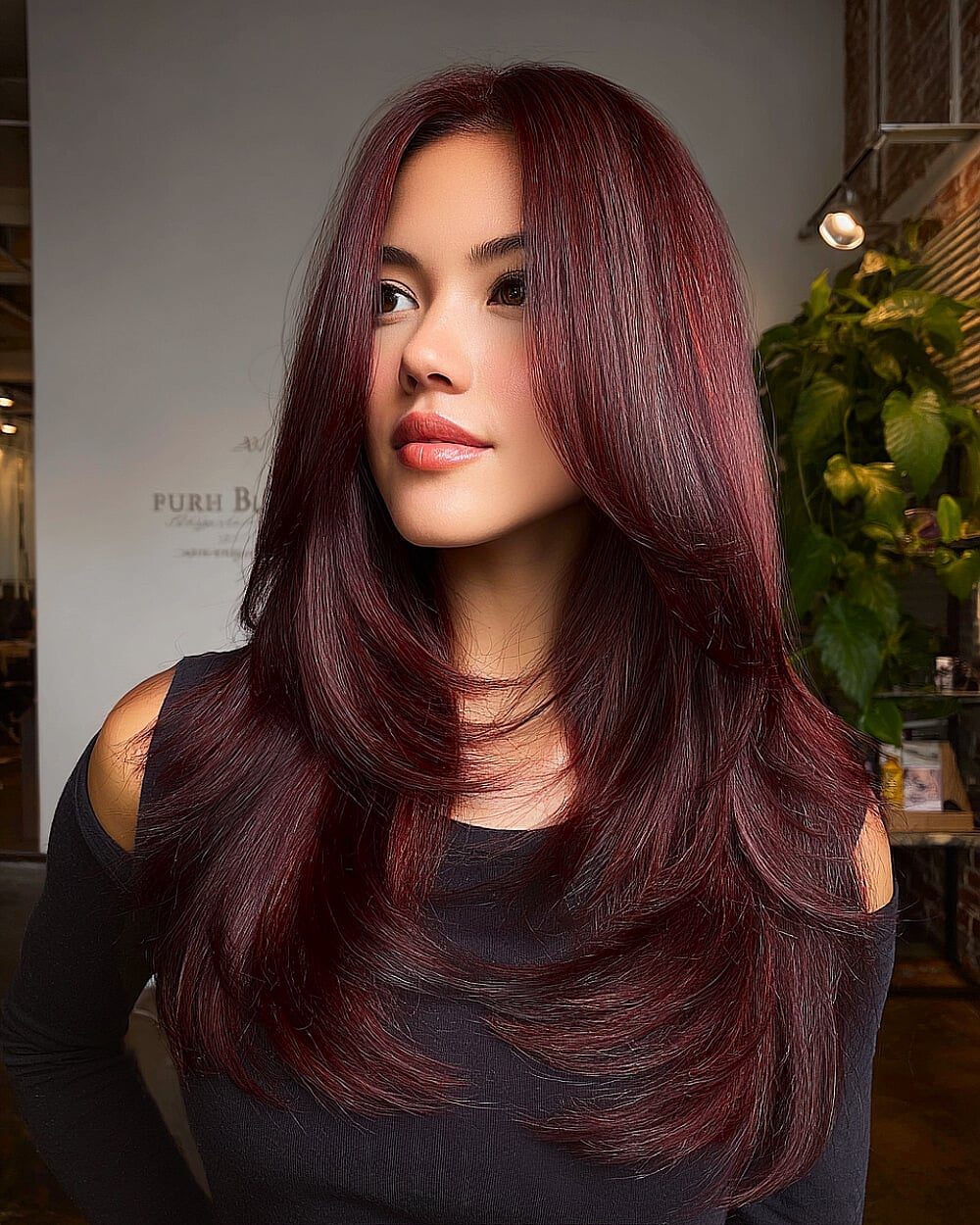 Collarbone Length Thick Wavy Hair With Burgundy — Classy Burgundy Highlights