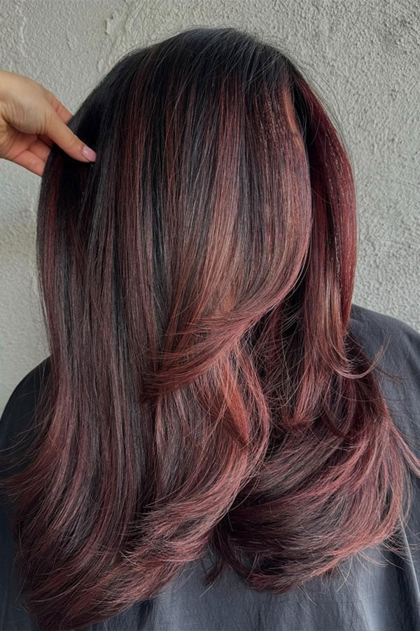 Collarbone Layered Dark Base With Burgundy Highlights, Wavy — Classy Burgundy Highlights