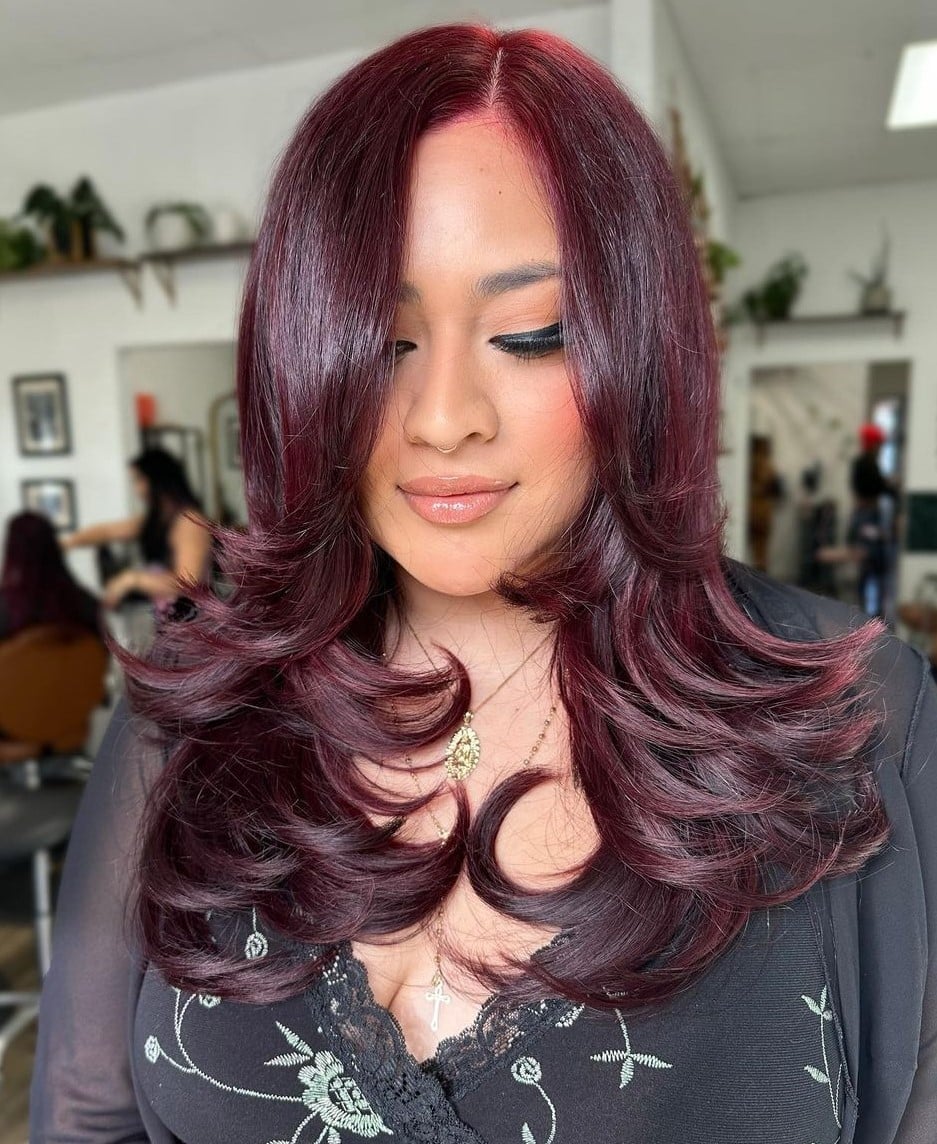 Mid-Back Burgundy With Face-Framing Layers — Classy Burgundy Highlights