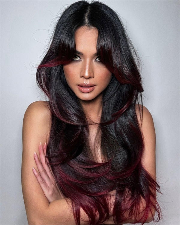 Mid-Back Straight Black With Burgundy Ends — Classy Burgundy Highlights