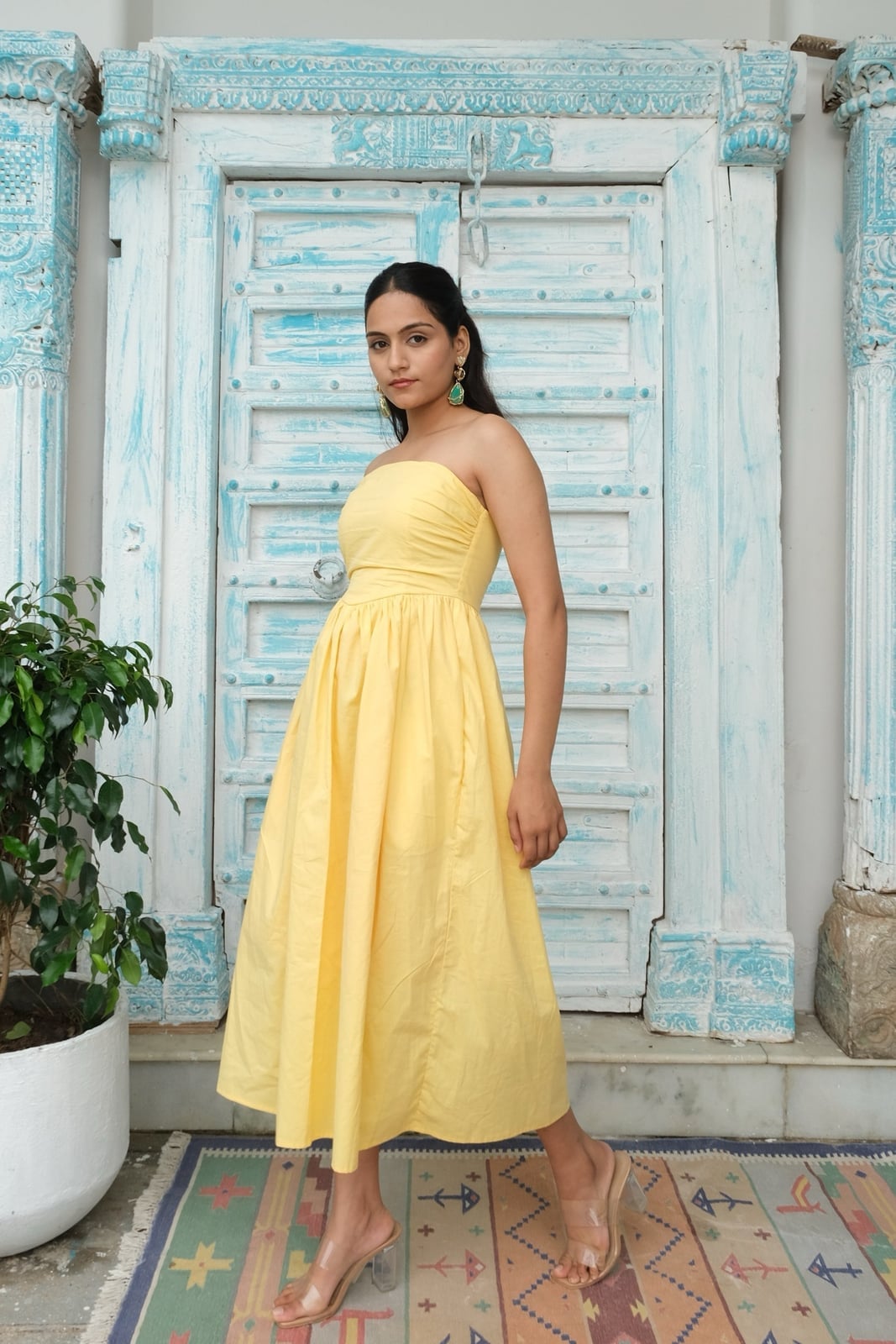 Light Yellow Gathered Bodice Midi Dress Light Yellow Gathered Bodice Midi Dress — Classy Butter Yellow Dress