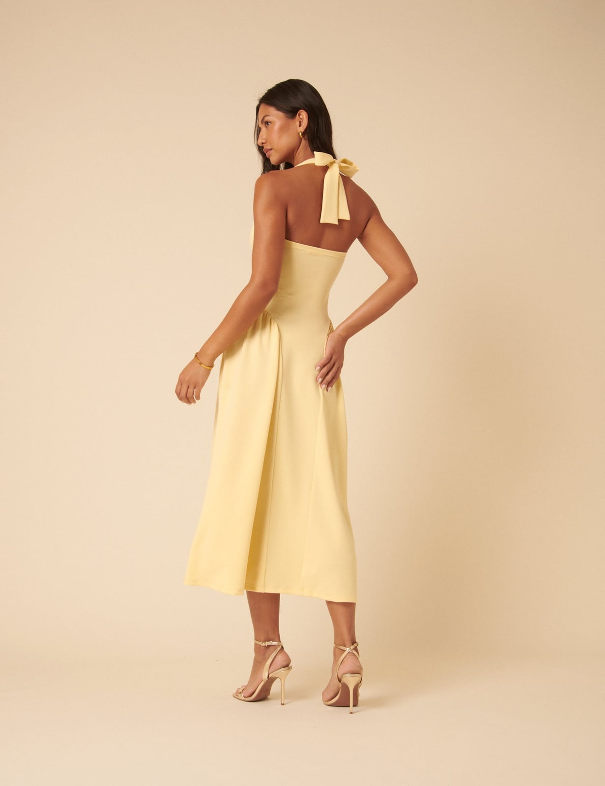 Butter Yellow Halter Neck Fit-and-Flare Midi Dress Butter Yellow Halter Neck Fit-and-Flare Midi Dress — Classy Butter Yellow Dress