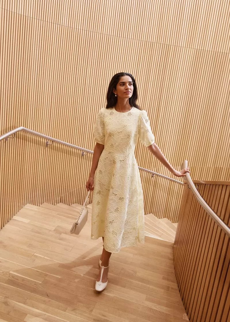 Pale Yellow Puff Sleeve Midi Dress With Cutwork Pale Yellow Puff Sleeve Midi Dress With Cutwork — Classy Butter Yellow Dress