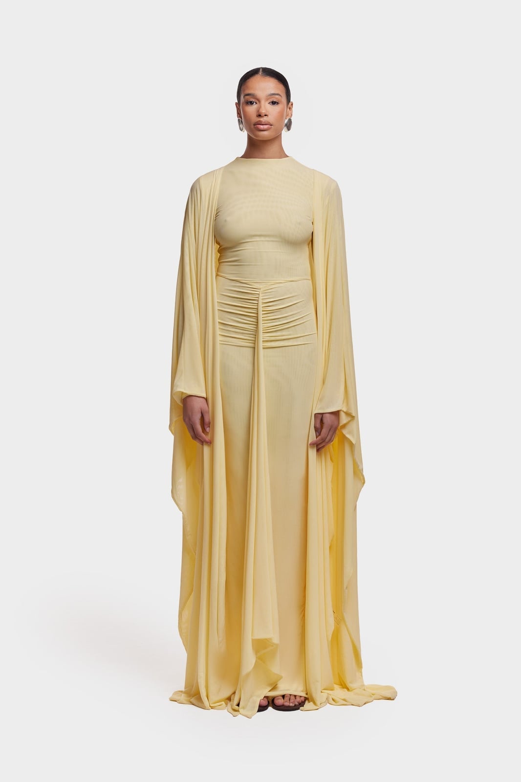 Pale Yellow Maxi Dress With Cape Sleeves And Ruched Torso Pale Yellow Maxi Dress With Cape Sleeves And Ruched Torso — Classy Butter Yellow Dress