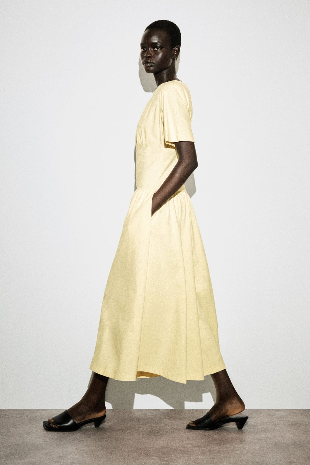 Pale Yellow Cotton Midi Dress With Gathered Waist Pale Yellow Cotton Midi Dress With Gathered Waist — Classy Butter Yellow Dress