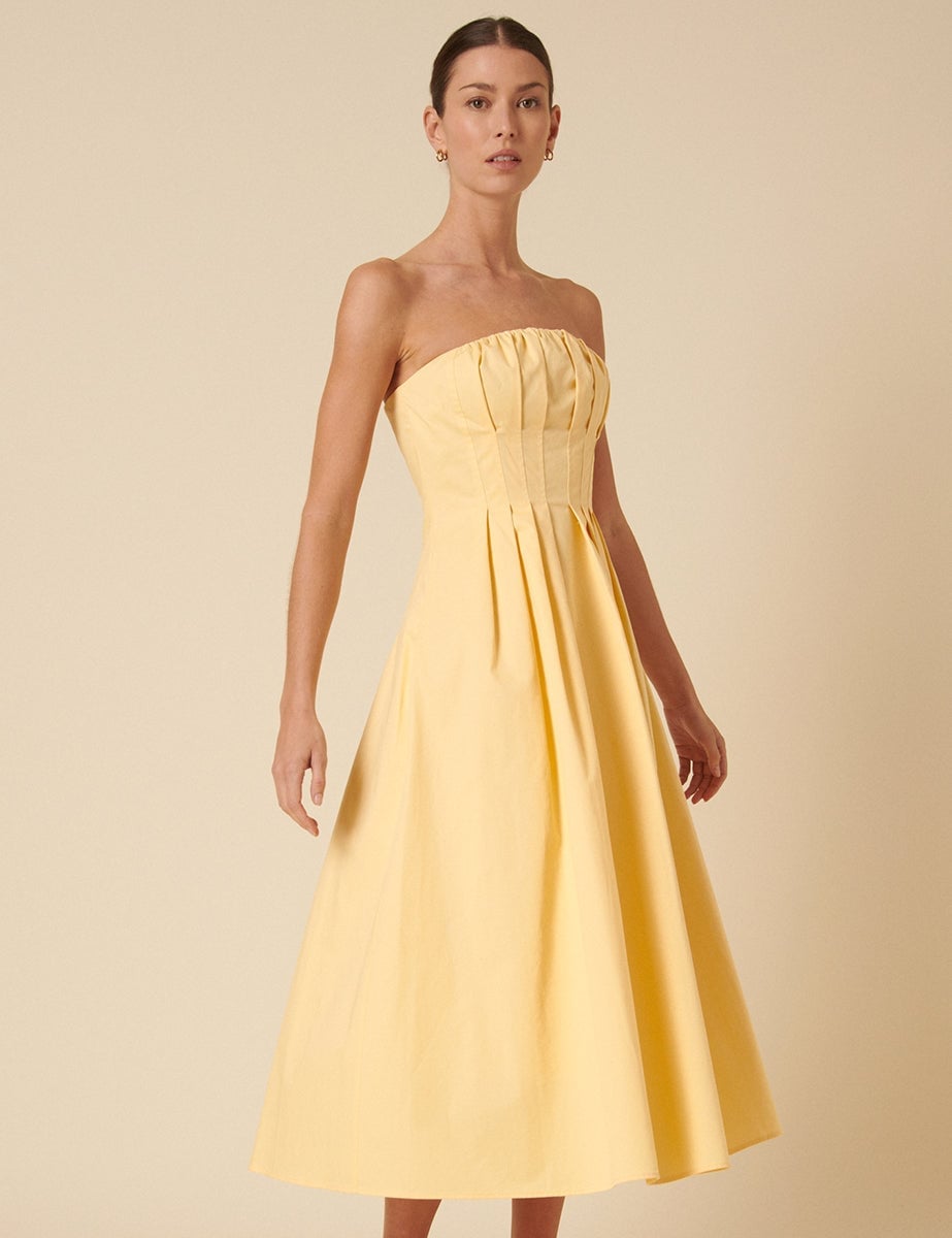 Pale Yellow Strapless Fit-and-Flare Midi Dress Pale Yellow Strapless Fit-and-Flare Midi Dress — Classy Butter Yellow Dress