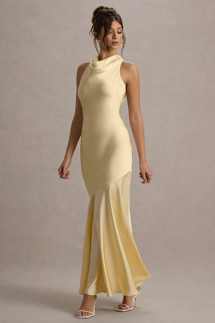 Pale Yellow Satin Maxi Dress With Fishtail Hem Pale Yellow Satin Maxi Dress With Fishtail Hem — Classy Butter Yellow Dress
