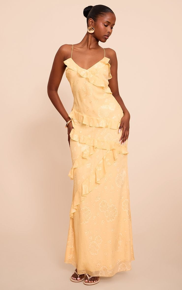 Pale Yellow Chiffon Ruffled Maxi Dress With Floral Print Pale Yellow Chiffon Ruffled Maxi Dress With Floral Print — Classy Butter Yellow Dress