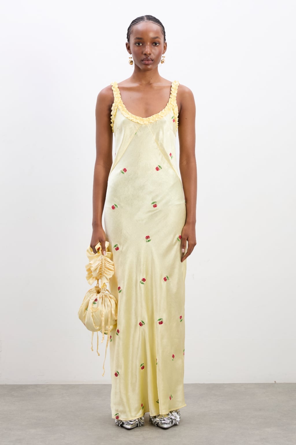 Pale Yellow Printed Silk Slip Dress With Cherry Print Pale Yellow Printed Silk Slip Dress With Cherry Print — Classy Butter Yellow Dress