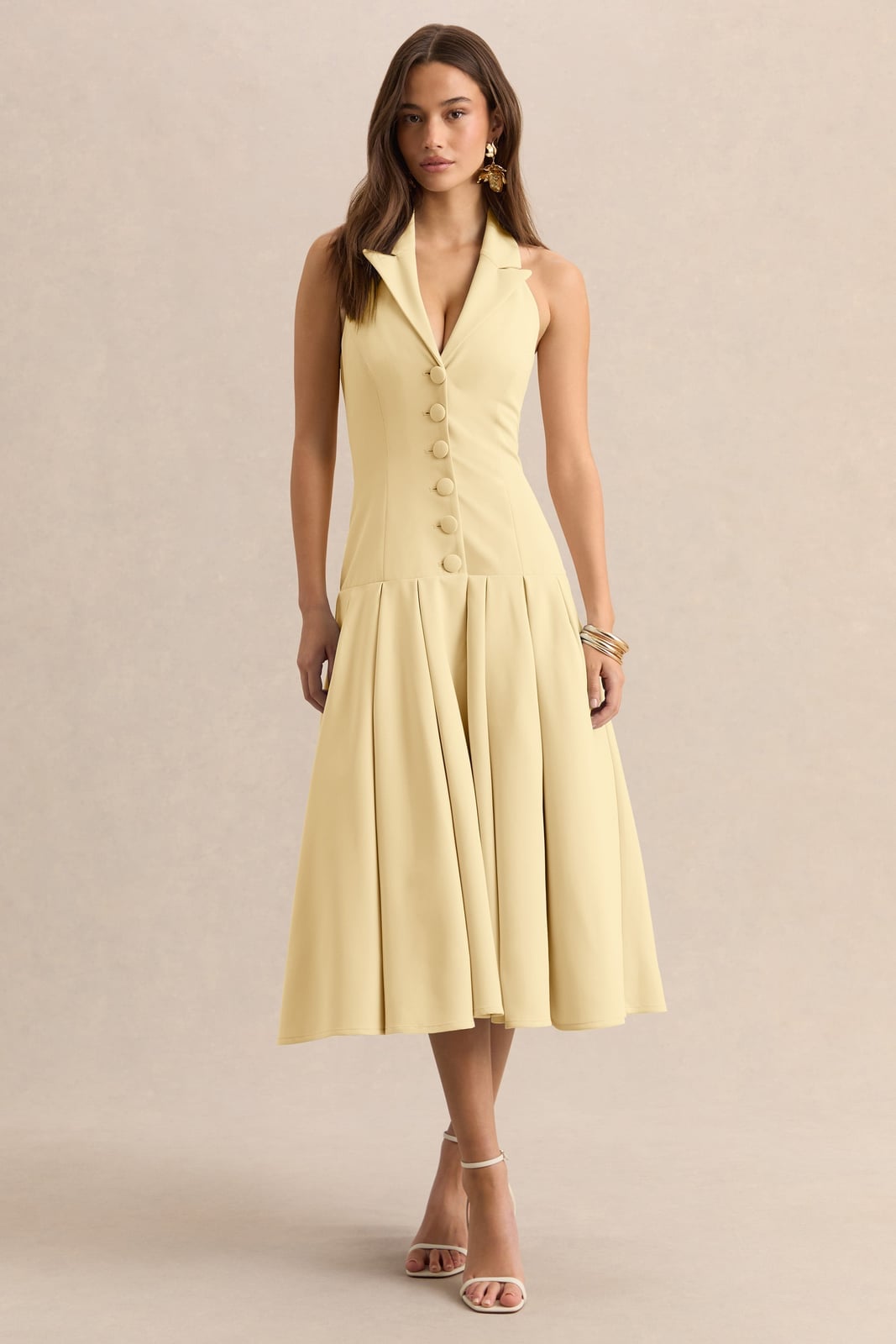 Pale Yellow Fit-and-Flare Dress With Pleated Skirt Pale Yellow Fit-and-Flare Dress With Pleated Skirt — Classy Butter Yellow Dress