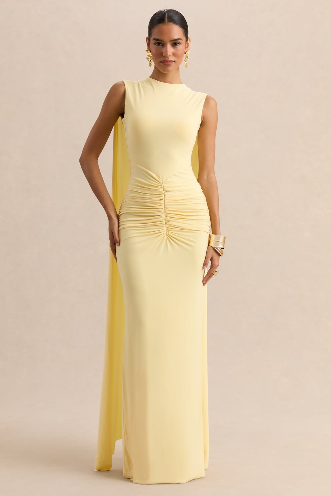 Pale Yellow Sleeveless Ruched Dress With Cape Pale Yellow Sleeveless Ruched Dress With Cape — Classy Butter Yellow Dress