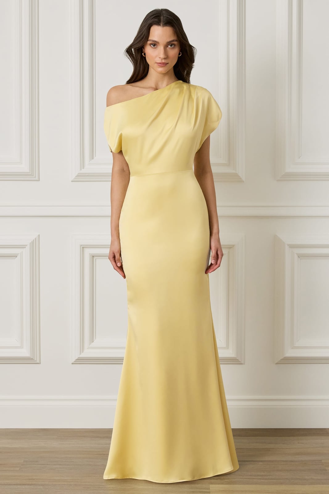 Pale Yellow Satin One-Shoulder Column Dress Pale Yellow Satin One-Shoulder Column Dress — Classy Butter Yellow Dress