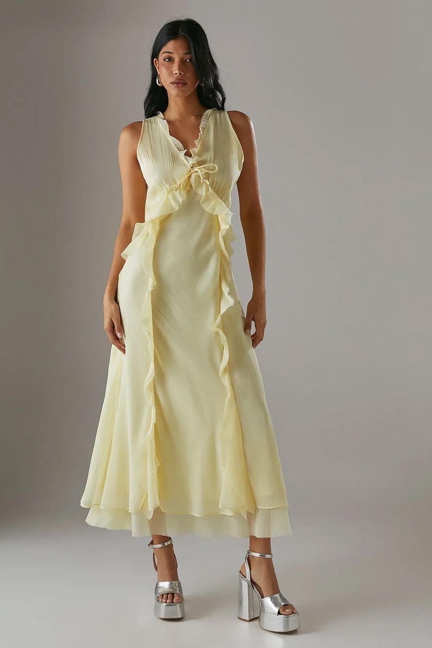 Light Yellow Ruffled Midi Dress For Garden Party Light Yellow Ruffled Midi Dress For Garden Party — Classy Butter Yellow Dress
