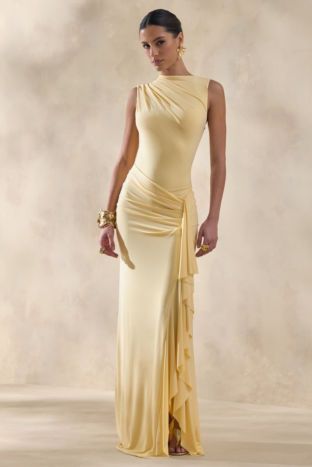 Pale Yellow Asymmetric Ruched Dress With Ruffled Hem Pale Yellow Asymmetric Ruched Dress With Ruffled Hem — Classy Butter Yellow Dress