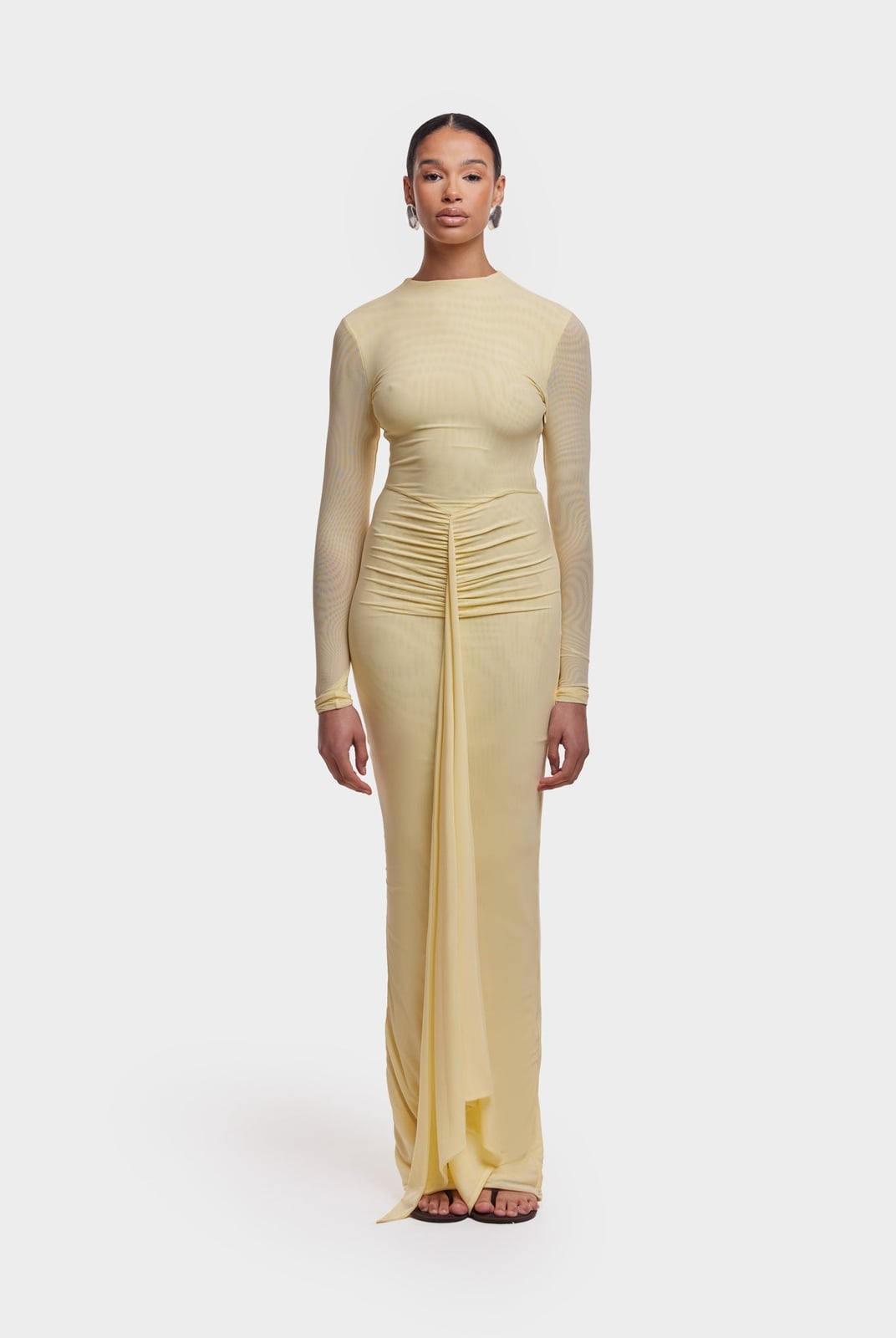 Butter Yellow Mesh Long Sleeve Column Dress Butter Yellow Mesh Long Sleeve Column Dress — Classy Butter Yellow Dress