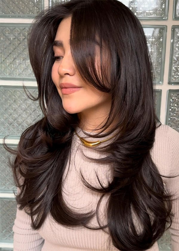 Mid-Back Beige Blonde Layers With Swept Bangs — Classy Butterfly Hair