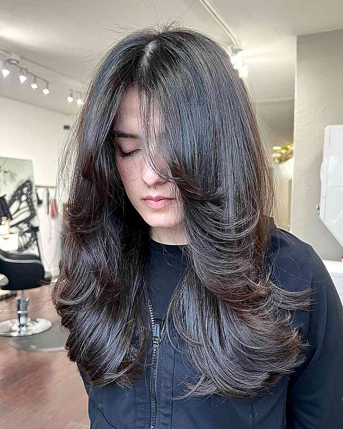 Mid-Back Dark Brown Layers With Curtain Bangs — Classy Butterfly Hair