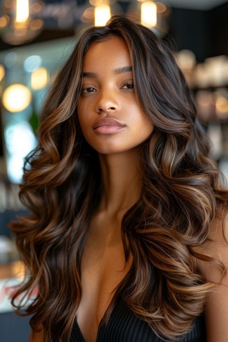 Long Dark Brown Layers With Caramel Highlights — Classy Butterfly Hair