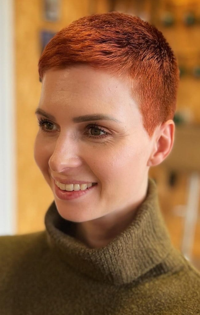 Copper Buzz Cut with Olive Green Turtleneck — Classy Buzz Cut