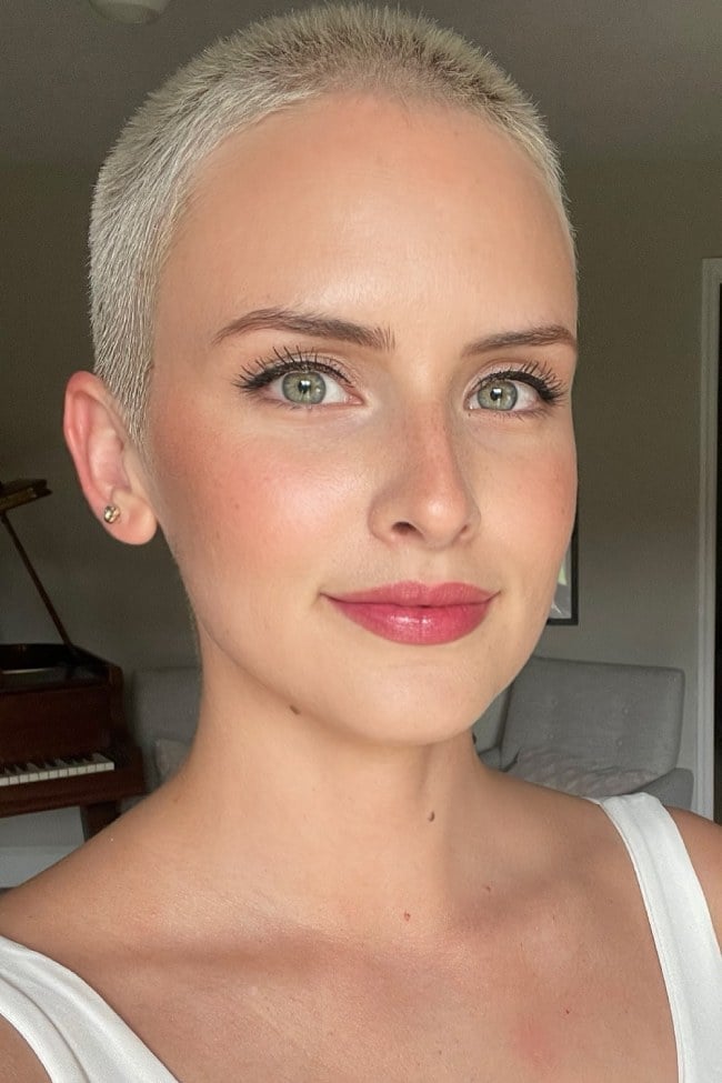 Short Blonde Buzz Cut with White Tank Top and Smooth Fabric — Classy Buzz Cut