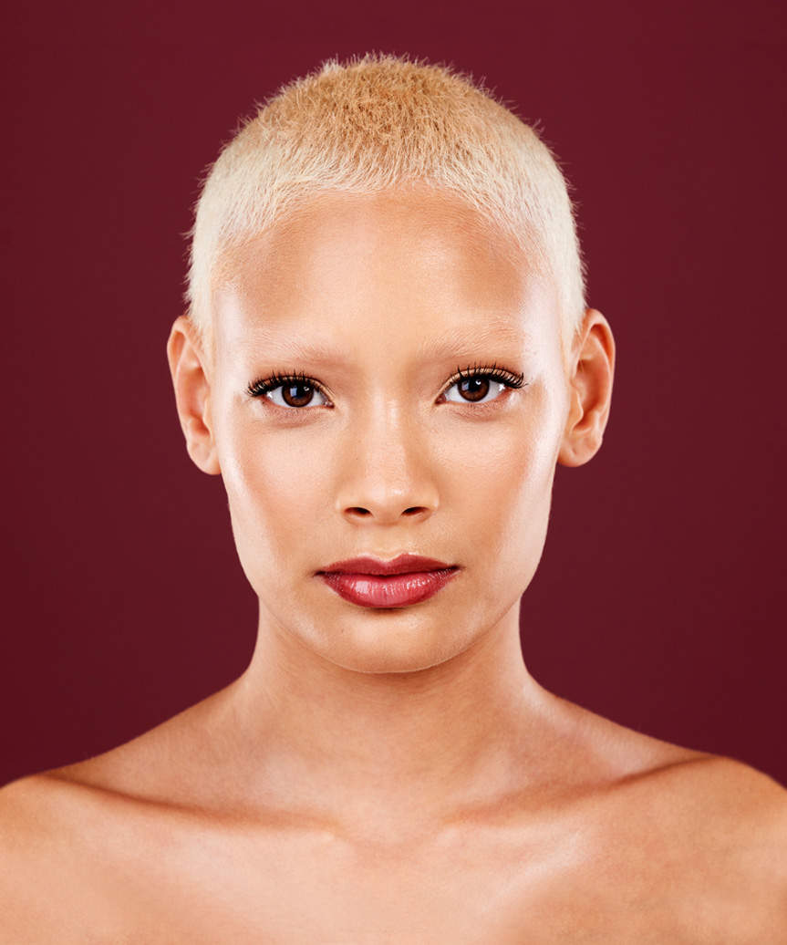 Platinum Blonde Buzz Cut with Deep Red Lips — Classy Buzz Cut