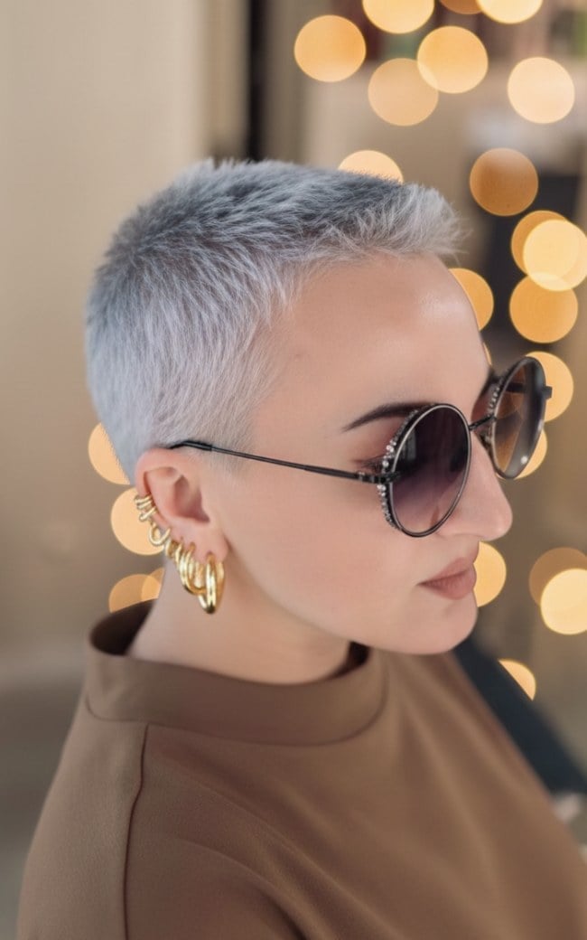 Silver Buzz Cut with Brown Knit Top — Classy Buzz Cut