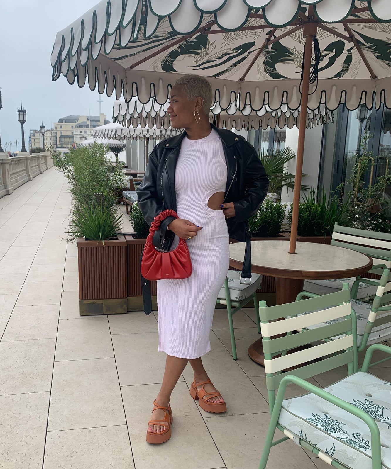 White Ribbed Midi Dress with Leather Jacket — Classy Buzz Cut