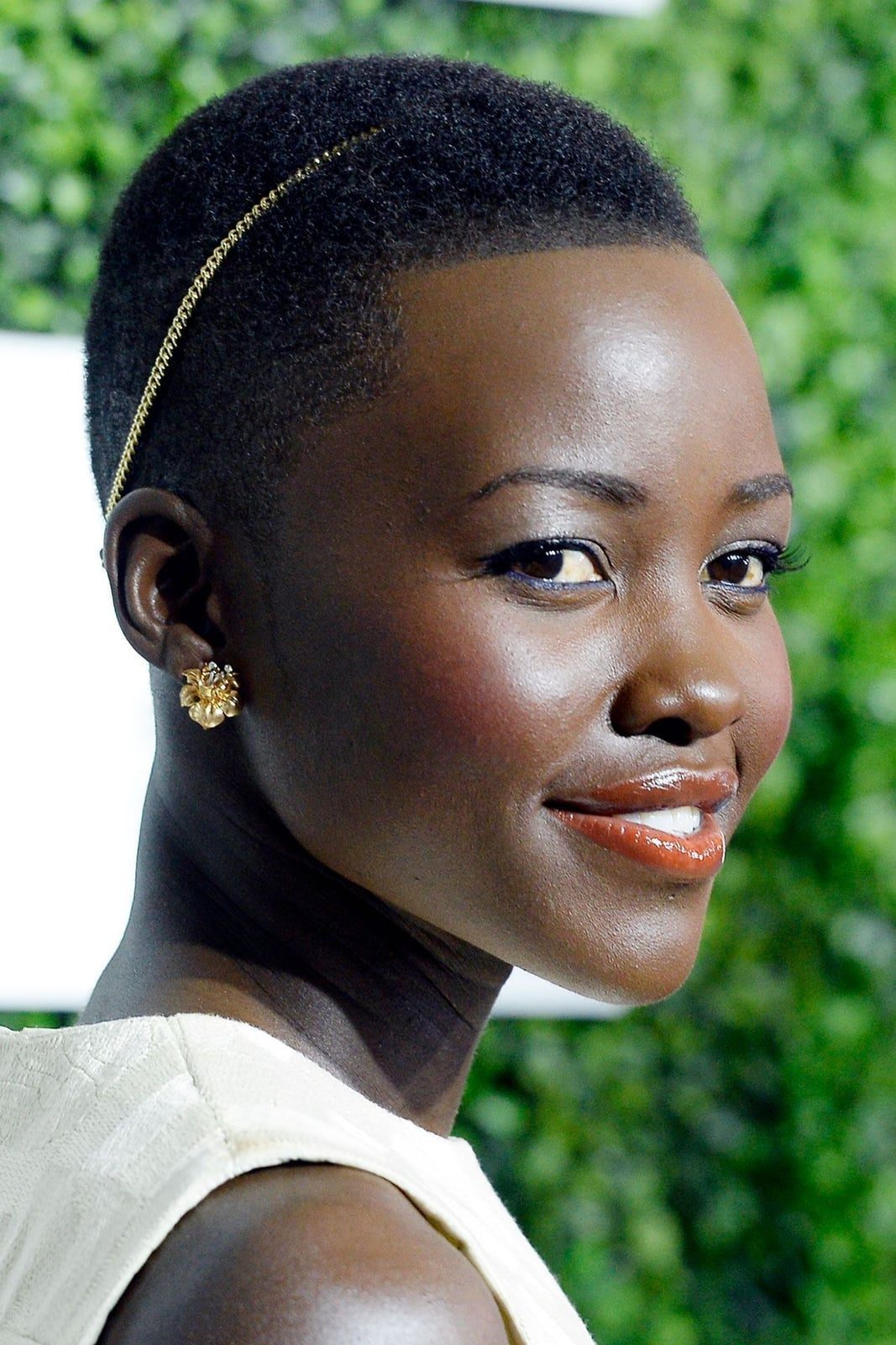 White Dress with Gold Hair Accessory — Classy Buzz Cut