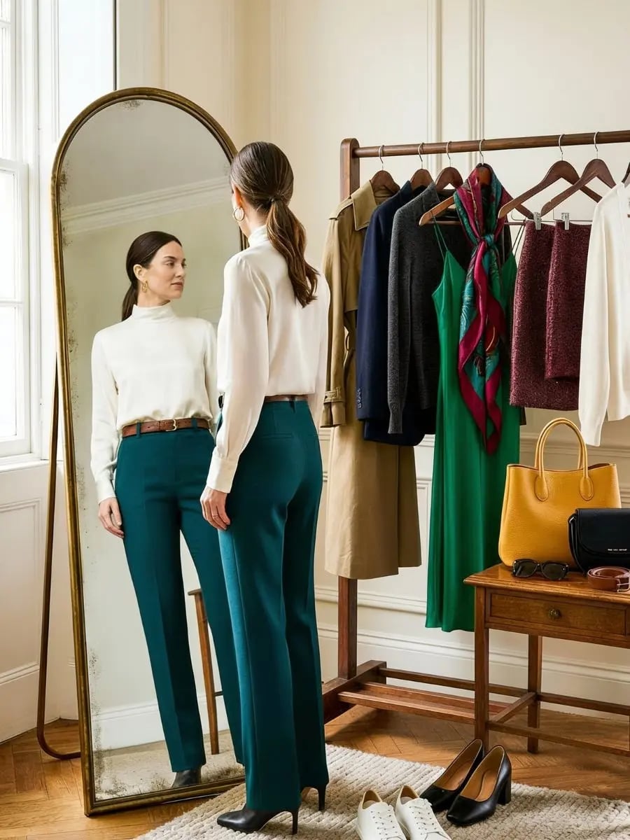 Teal Straight Leg Trousers and White Turtleneck Teal Straight Leg Trousers and White Turtleneck — Classy Capsule Wardrobe