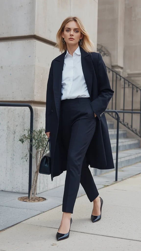 Classic Black Coat Over White Shirt and Black Trousers Classic Black Coat Over White Shirt and Black Trousers — Classy Capsule Wardrobe
