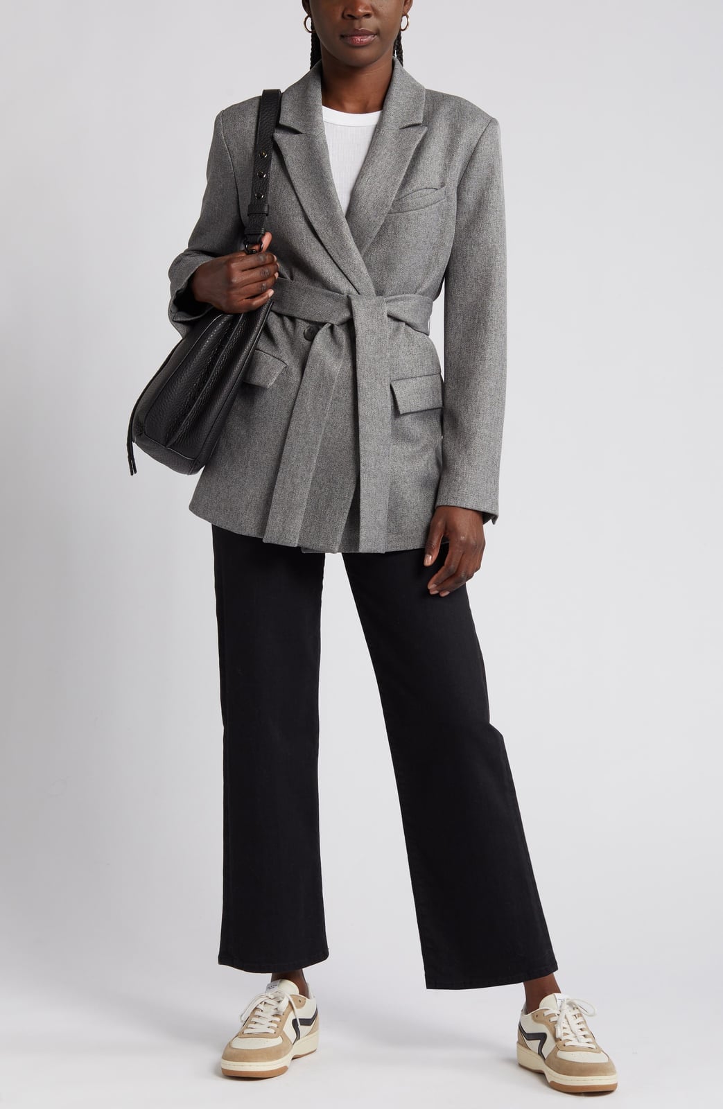 Belted Grey Blazer Over T-Shirt and Black Trousers Belted Grey Blazer Over T-Shirt and Black Trousers — Classy Capsule Wardrobe