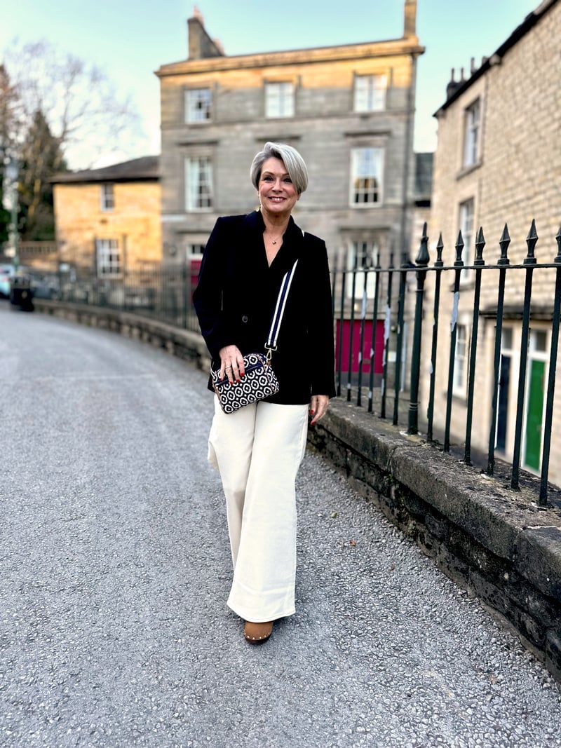 Black Blazer with Cream Wide Leg Trousers Black Blazer with Cream Wide Leg Trousers — Classy Capsule Wardrobe