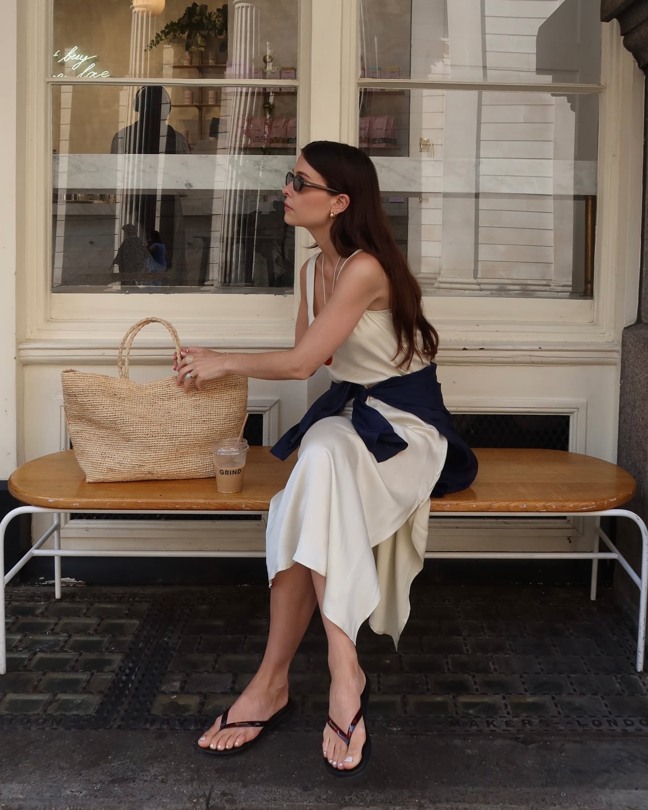Cream Silk Slip Dress with Navy Jacket and Straw Tote Bag Cream Silk Slip Dress with Navy Jacket and Straw Tote Bag — Classy Capsule Wardrobe