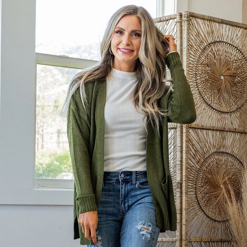 Olive Green Knit Cardigan Over White Ribbed Top Olive Green Knit Cardigan Over White Ribbed Top — Classy Capsule Wardrobe